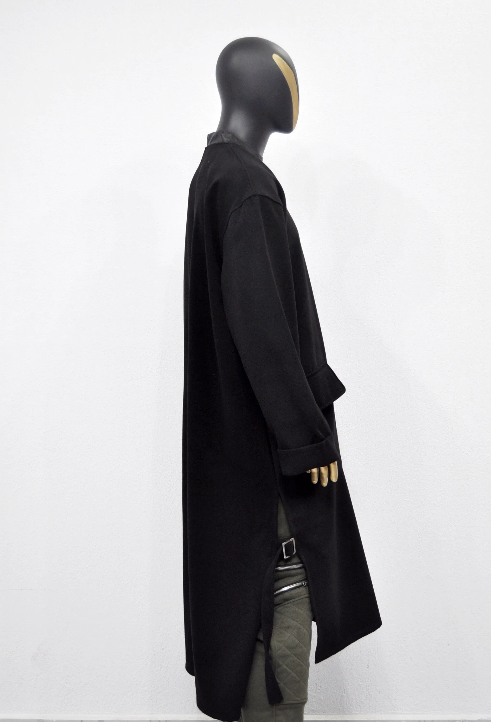 XS-8XL Leather Zip Collar Side Slit Wool Coat Dress/Unisex Long Outer,Cardigan Pancho JACKET,Goth,Punk Cosplay,Apocalyptic Dystopian-BB927