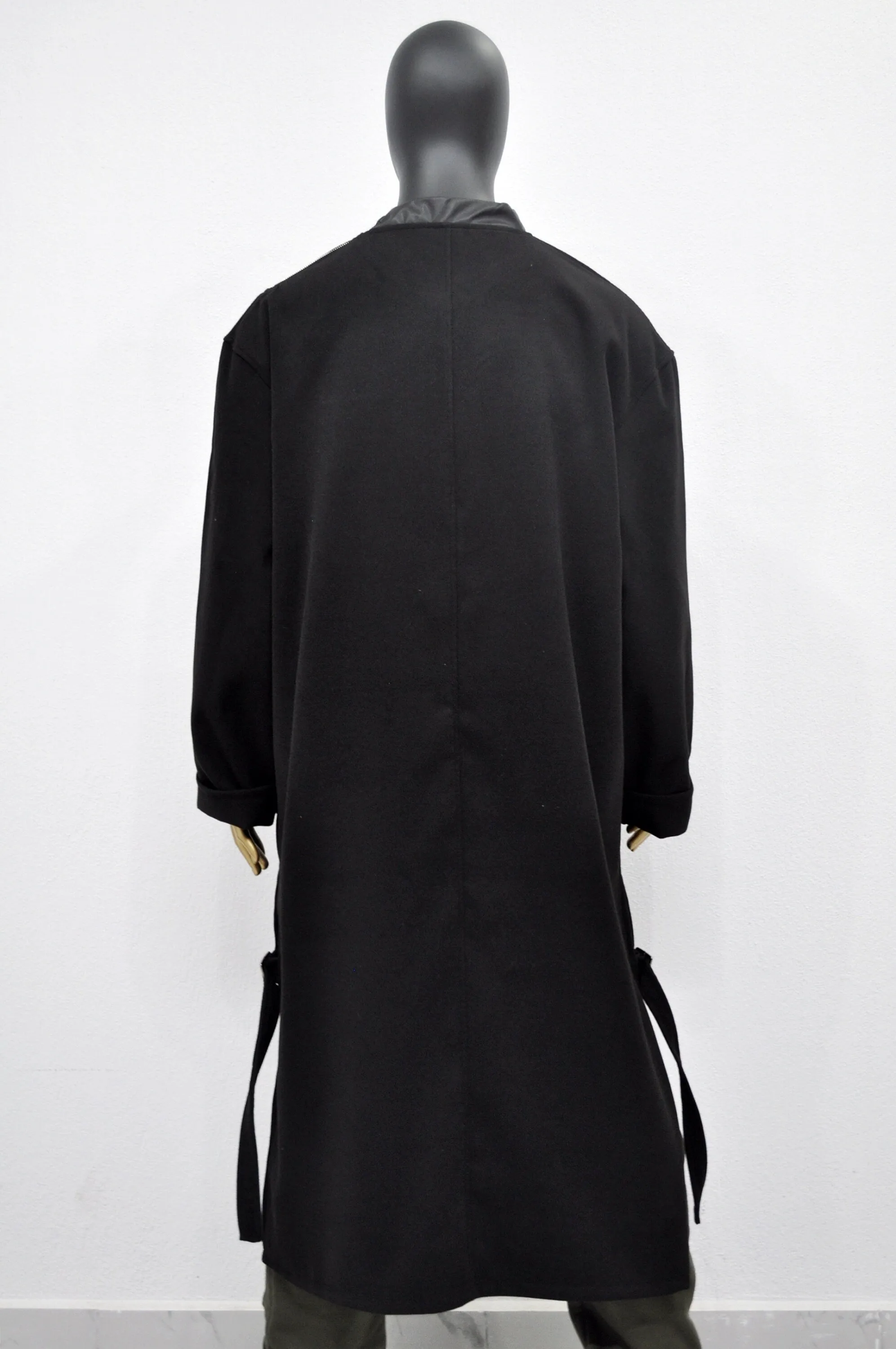 XS-8XL Leather Zip Collar Side Slit Wool Coat Dress/Unisex Long Outer,Cardigan Pancho JACKET,Goth,Punk Cosplay,Apocalyptic Dystopian-BB927