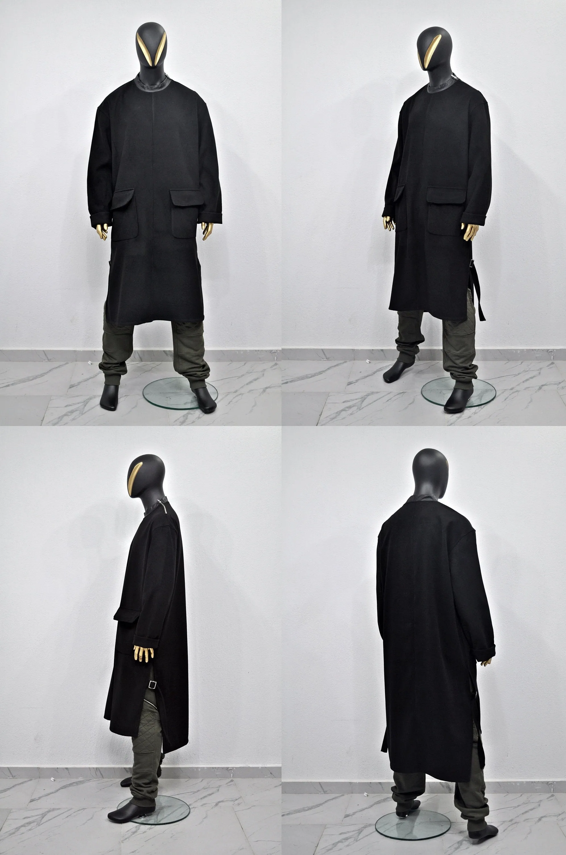 XS-8XL Leather Zip Collar Side Slit Wool Coat Dress/Unisex Long Outer,Cardigan Pancho JACKET,Goth,Punk Cosplay,Apocalyptic Dystopian-BB927