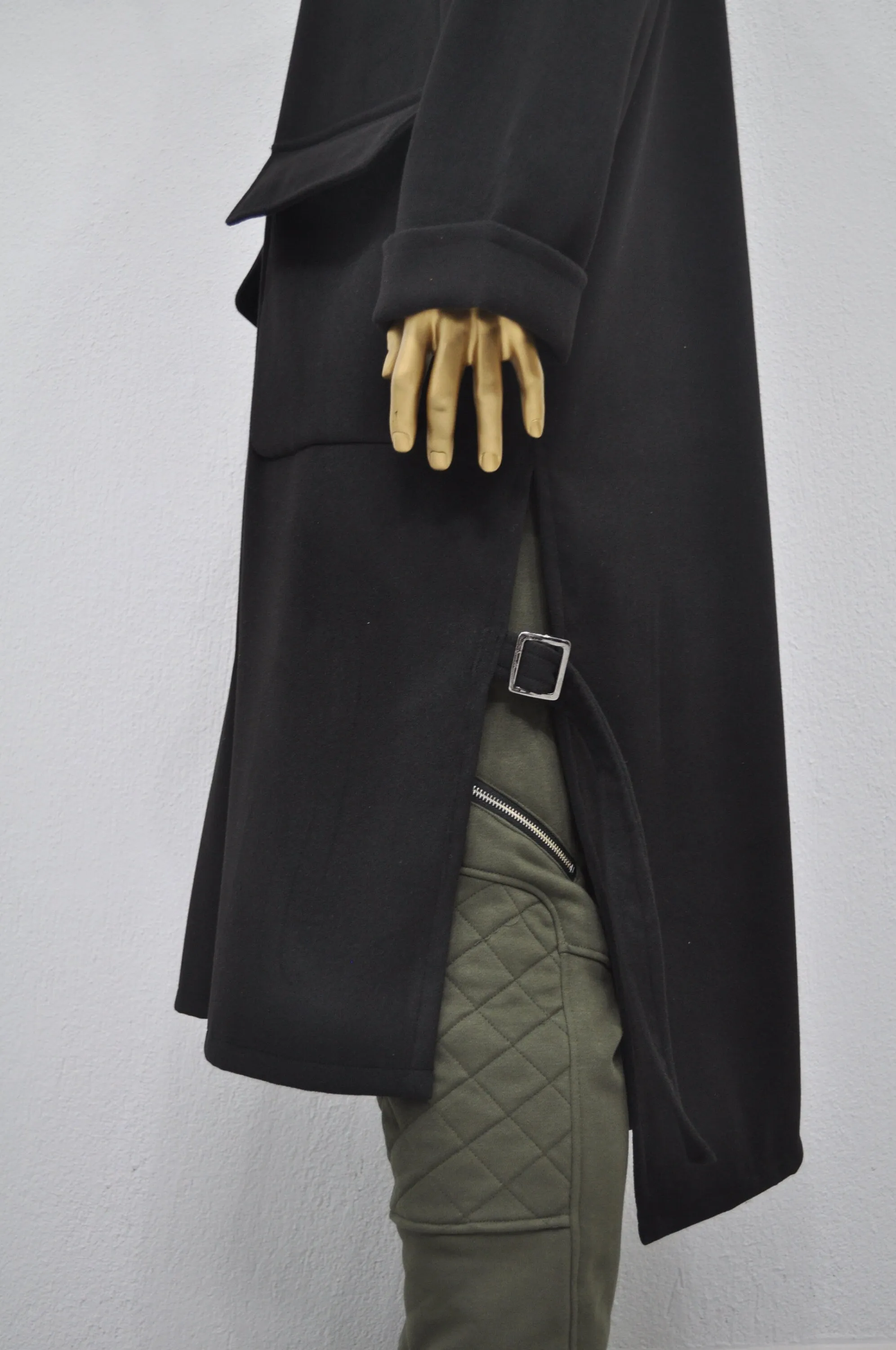 XS-8XL Leather Zip Collar Side Slit Wool Coat Dress/Unisex Long Outer,Cardigan Pancho JACKET,Goth,Punk Cosplay,Apocalyptic Dystopian-BB927
